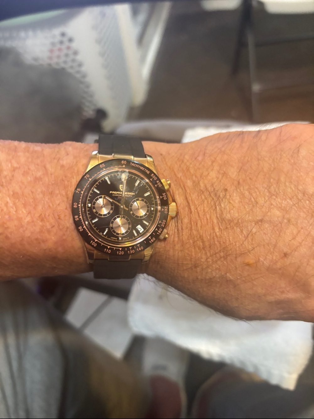 Black Silicone Strap Chronograph Watch with Rose Gold Case